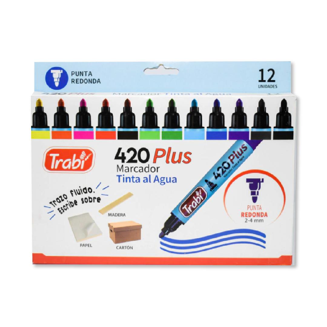 MARCADOR TRABI 420 AL AGUA PTA REDONDA BLISTER X 12 COLORES