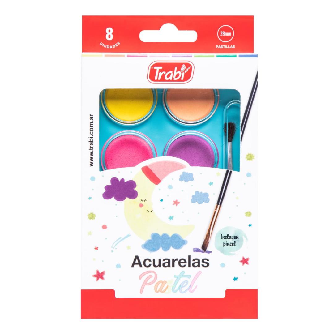 ACUARELA TRABI TAPA CRISTAL X 8 COLORES PASTEL + PINCEL (1020)