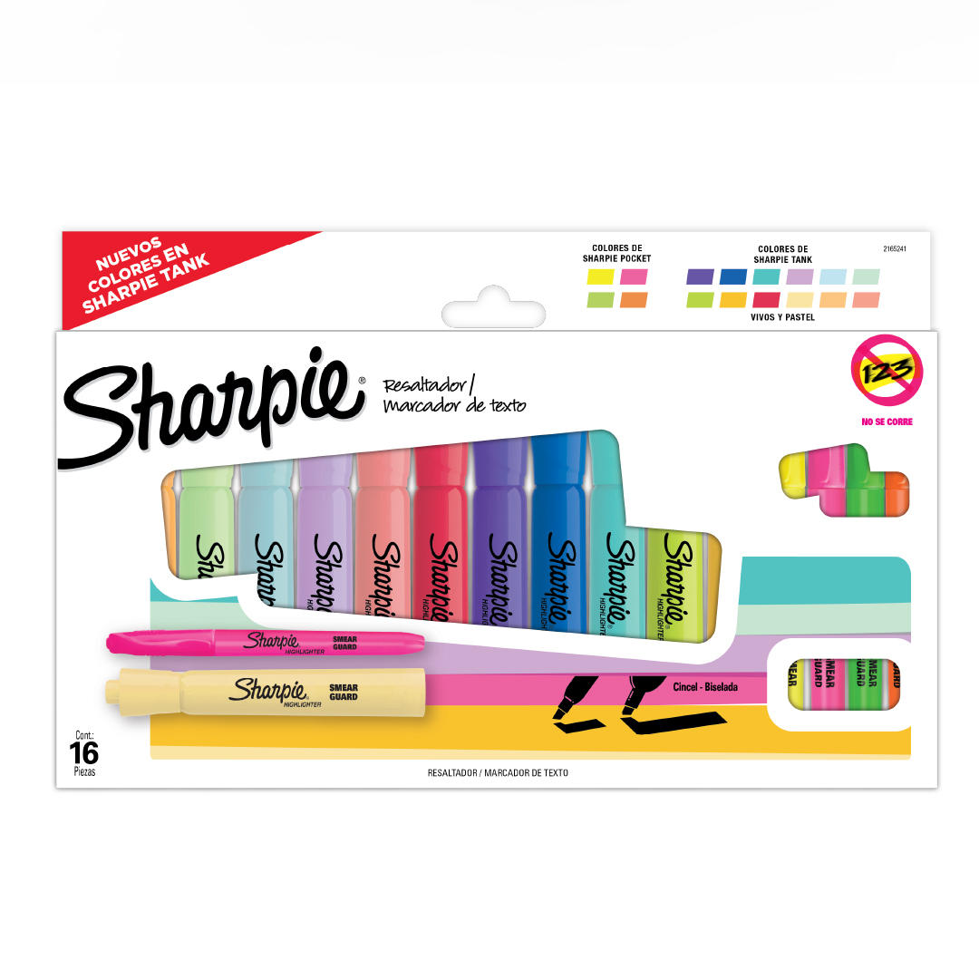 RESALTADOR SHARPIE ACCENT TANK Y POCKET NEON Y PASTEL X 16 COLORES (2165241)