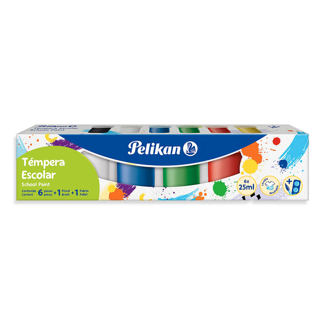 TEMPERA PELIKAN ESCOLAR POTE X 20 ML X 6 U. + PINCEL + MEZCLADOR